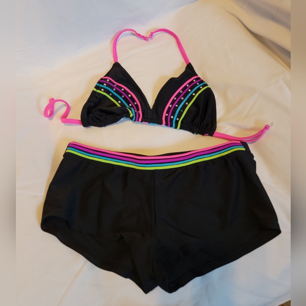 Girls Two Piece Swimsuit Boy Shorts With Reversible Top Black, Pink Size 16